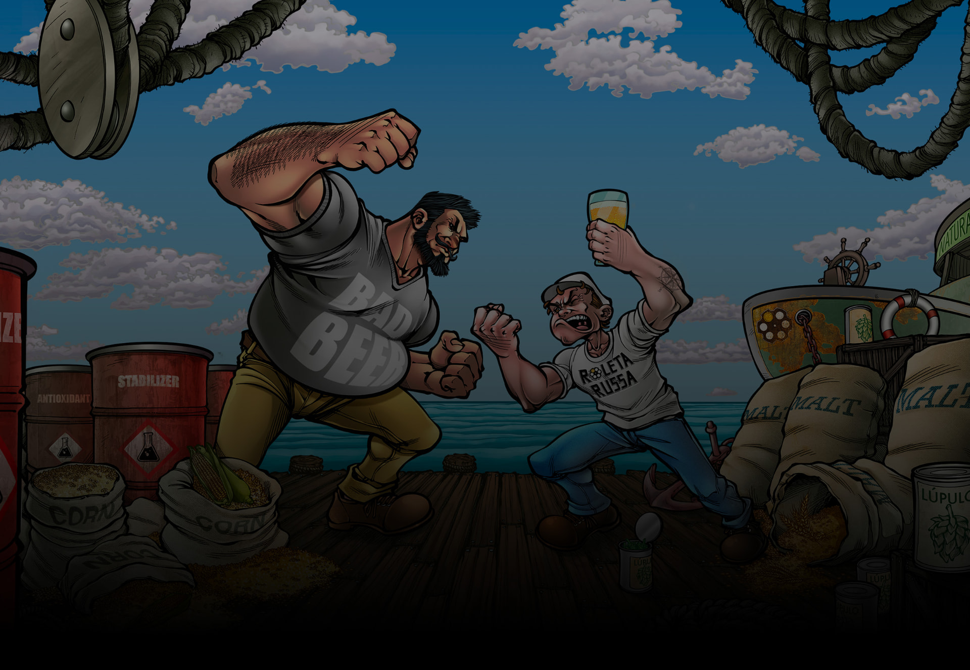 Arte da Pilsen Extrema: marinheiro com copo de cerveja enfrentando o gigante dos aditivos em um píer